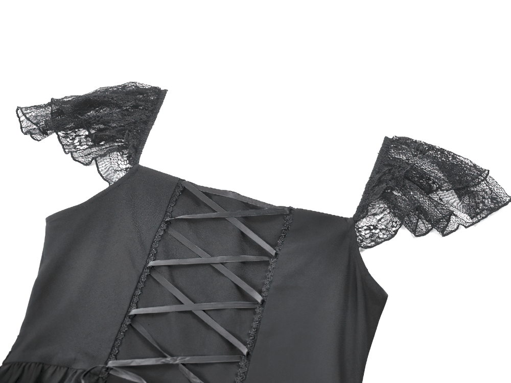 Lace-Up Gothic Dress with Puff Sleeves and Ruffled Hem showcasing lace sleeves and a lace-up back for a customizable fit.