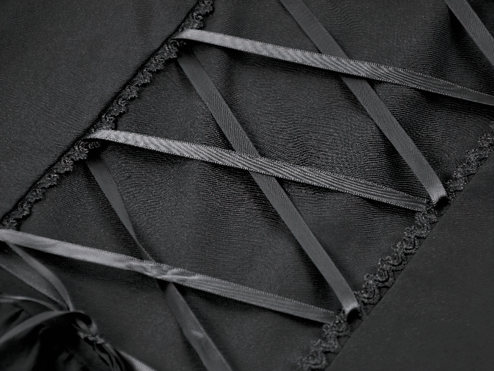 Lace-Up Gothic Dress with Puff Sleeves and Ruffled Hem lace-up back detail showcasing intricate ribbon lacing.