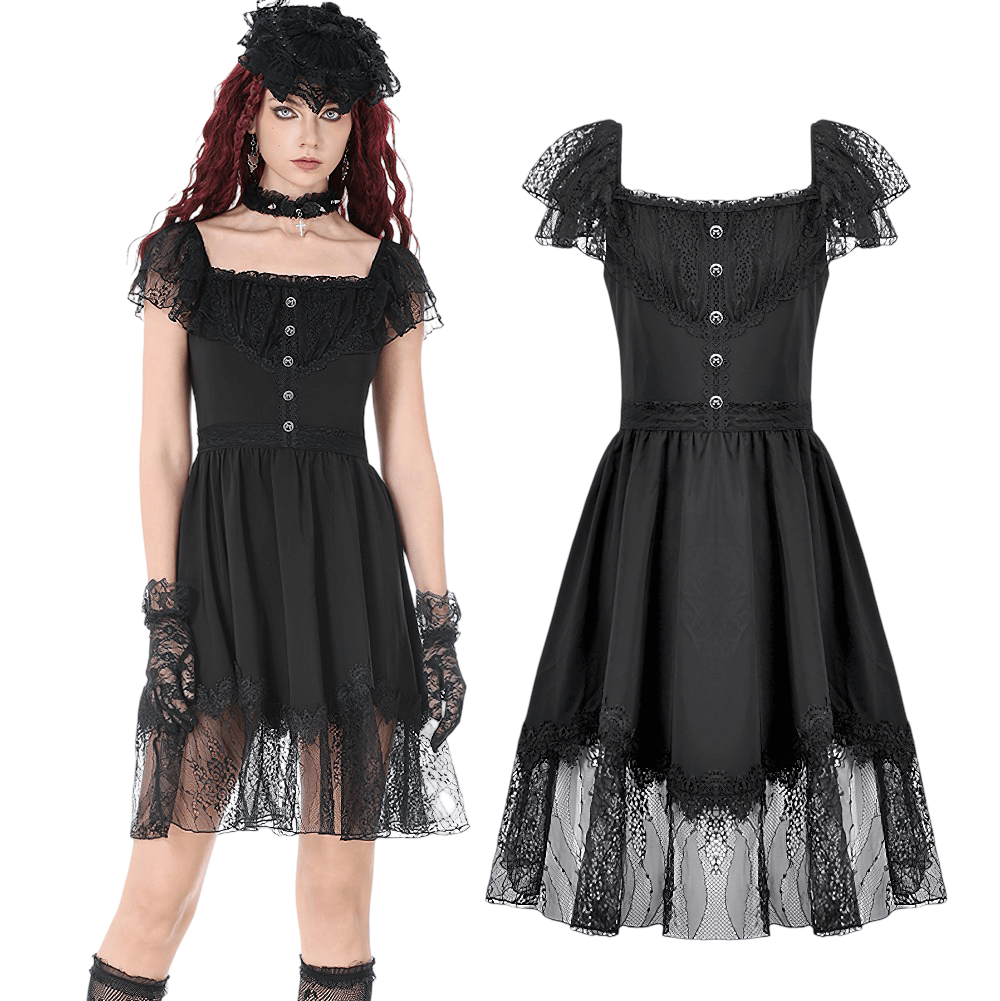 Lace-Up Gothic Dress with Puff Sleeves and Ruffled Hem showcasing lace details and a dramatic skirt.