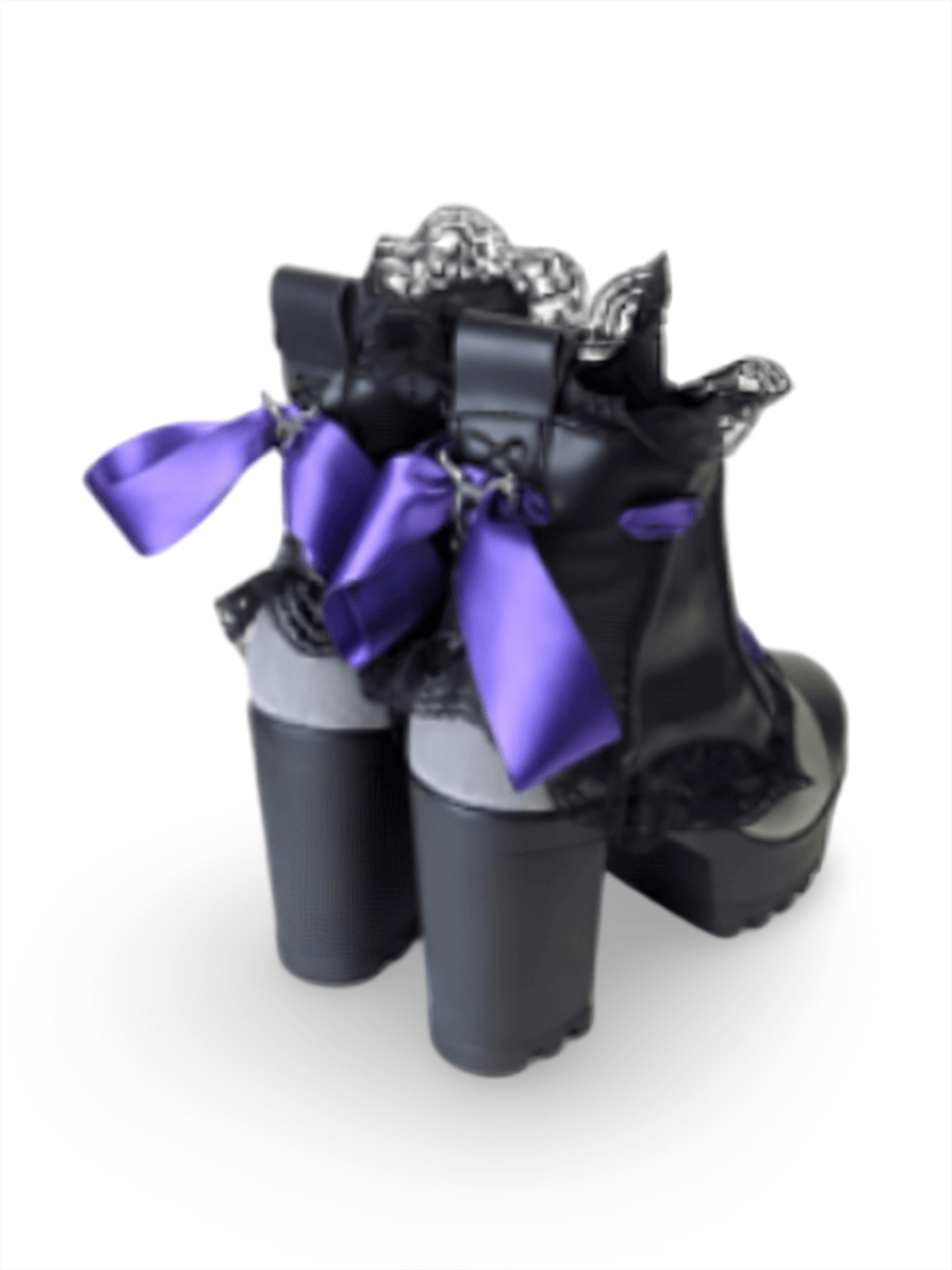 Lace-Up Gothic Leather Booties with Purple Ribbons