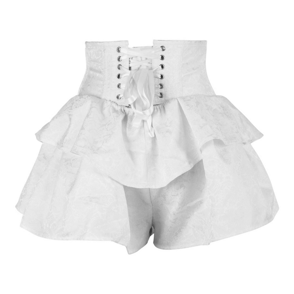 Lace Up High Waist Corset Skirt for Gothic Fashion featuring white brocade and layered ruffles.