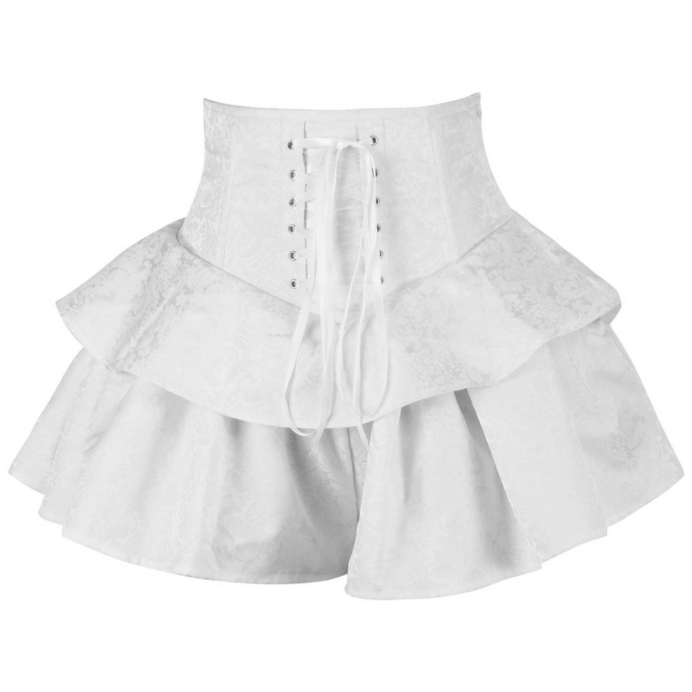 Lace Up High Waist Corset Skirt for Gothic Fashion featuring elegant white brocade and layered ruffles.