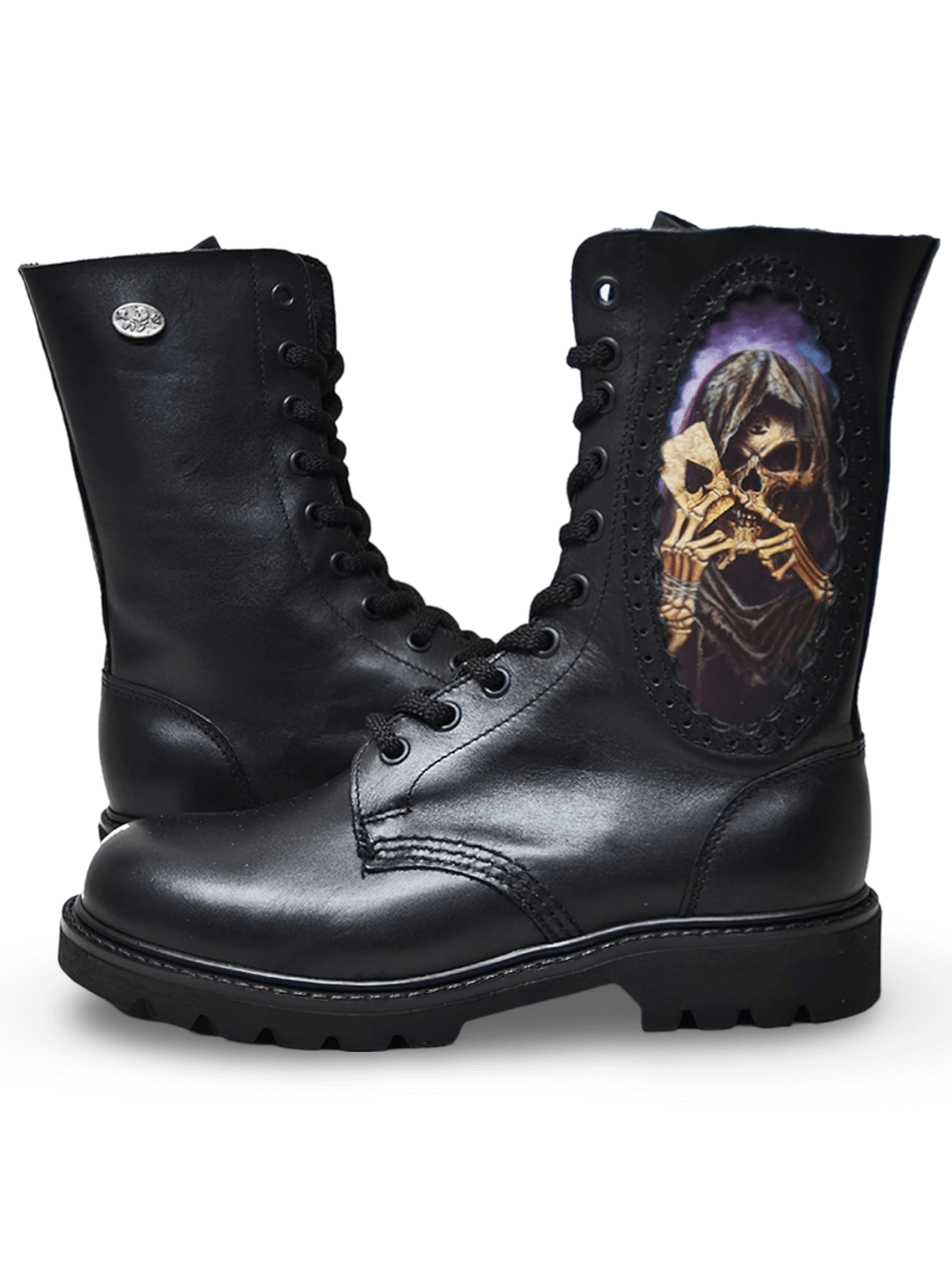 Lace-Up Leather Rangers with Gothic Skull Panel