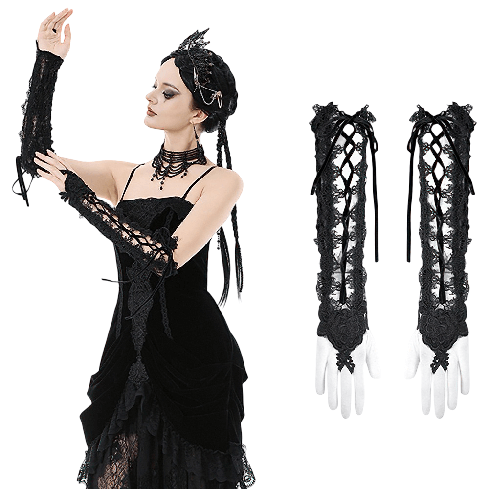 Lace-Up Long Gloves with Floral Lace and Ribbon Details showcased on model in elegant gothic attire.