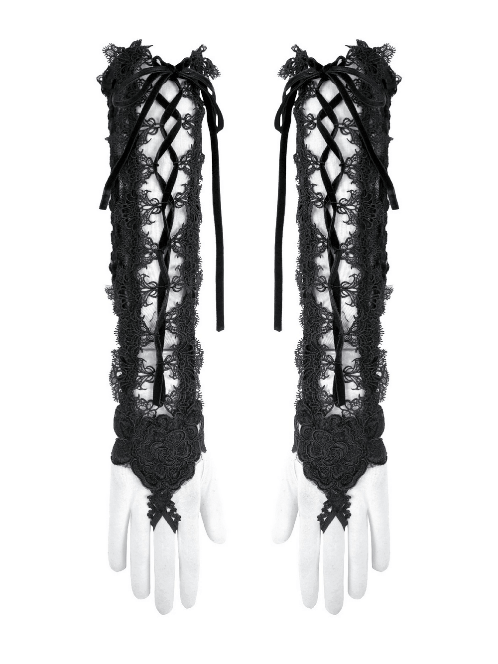 Lace-Up Long Gloves with Floral Lace and Ribbon Details showcasing intricate gothic design and dramatic silhouette.