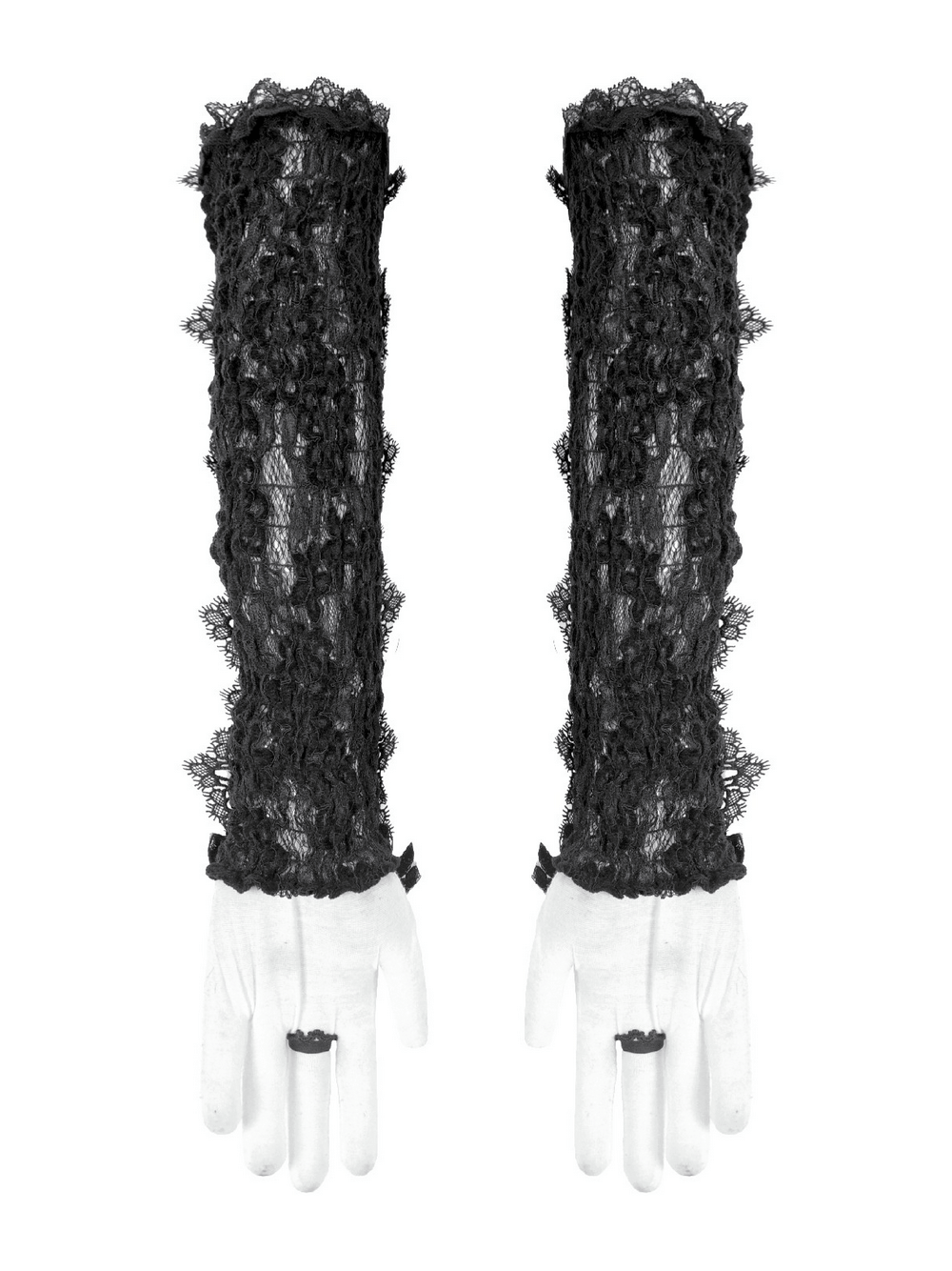 Lace-Up Long Gloves with Floral Lace and Ribbon Details in elegant black lace design.