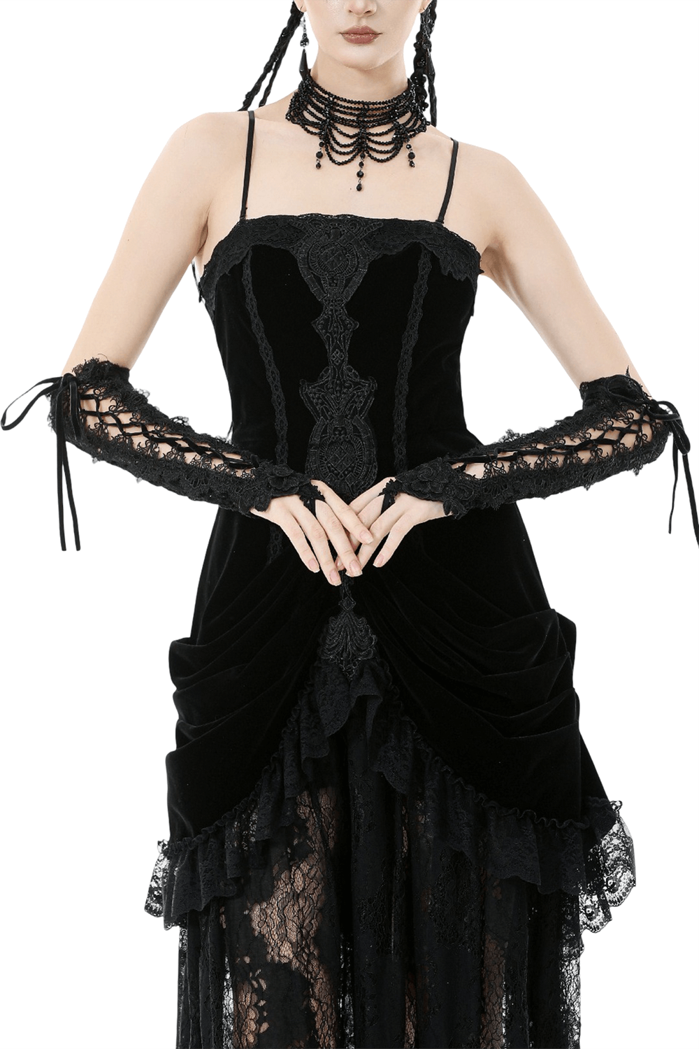 Lace-Up Long Gloves with Floral Lace and Ribbon Details worn with a dark velvet dress, enhancing gothic elegance.