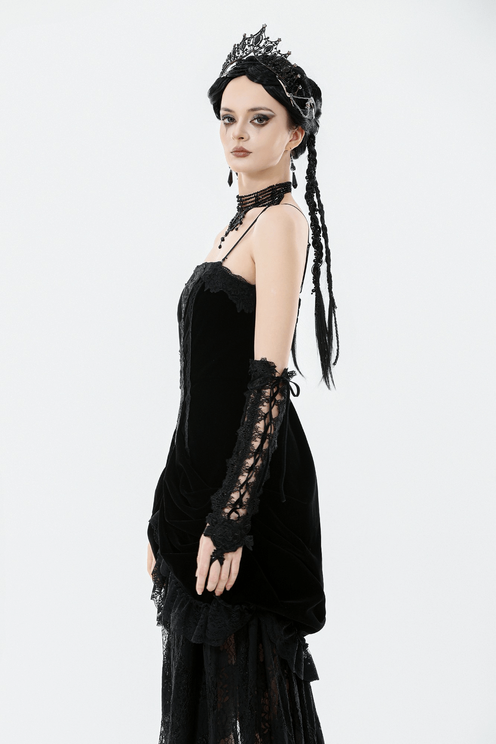 Lace-Up Long Gloves with Floral Lace and Ribbon Details worn by model in gothic outfit, showcasing intricate elegance.