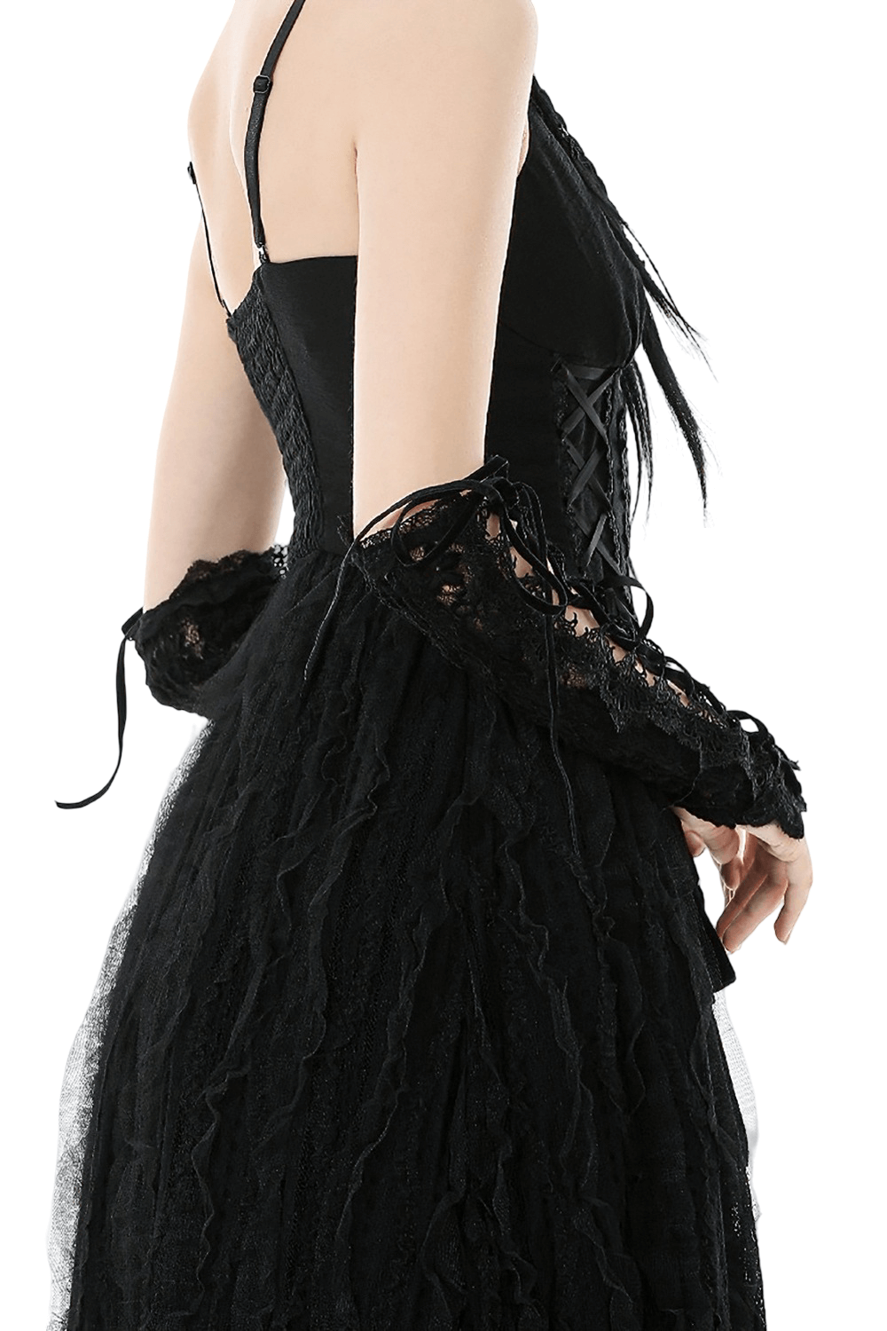 Lace-Up Long Gloves with Floral Lace and Ribbon Details worn with black gothic dress showcasing elegant design.