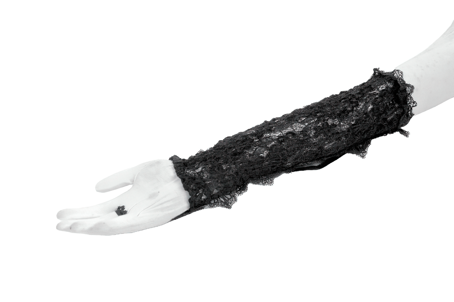 Lace-Up Long Gloves with Floral Lace and Ribbon Details displayed on a white background, showcasing intricate lace design.