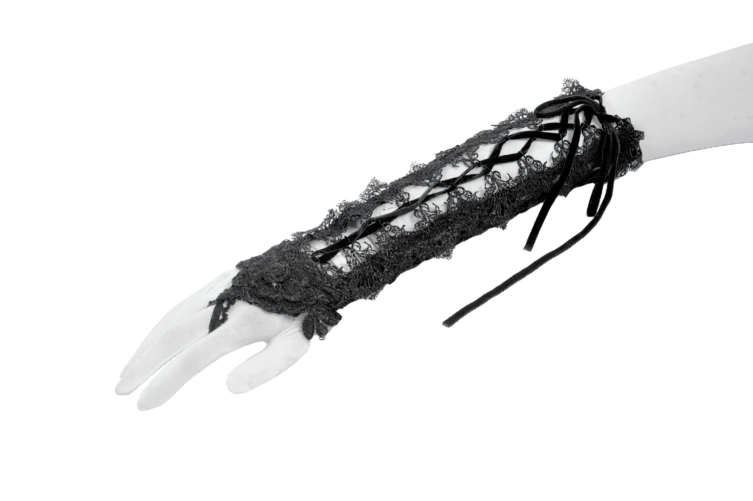 Lace-Up Long Gloves with Floral Lace and Ribbon Details showcasing intricate design and elegant styling.