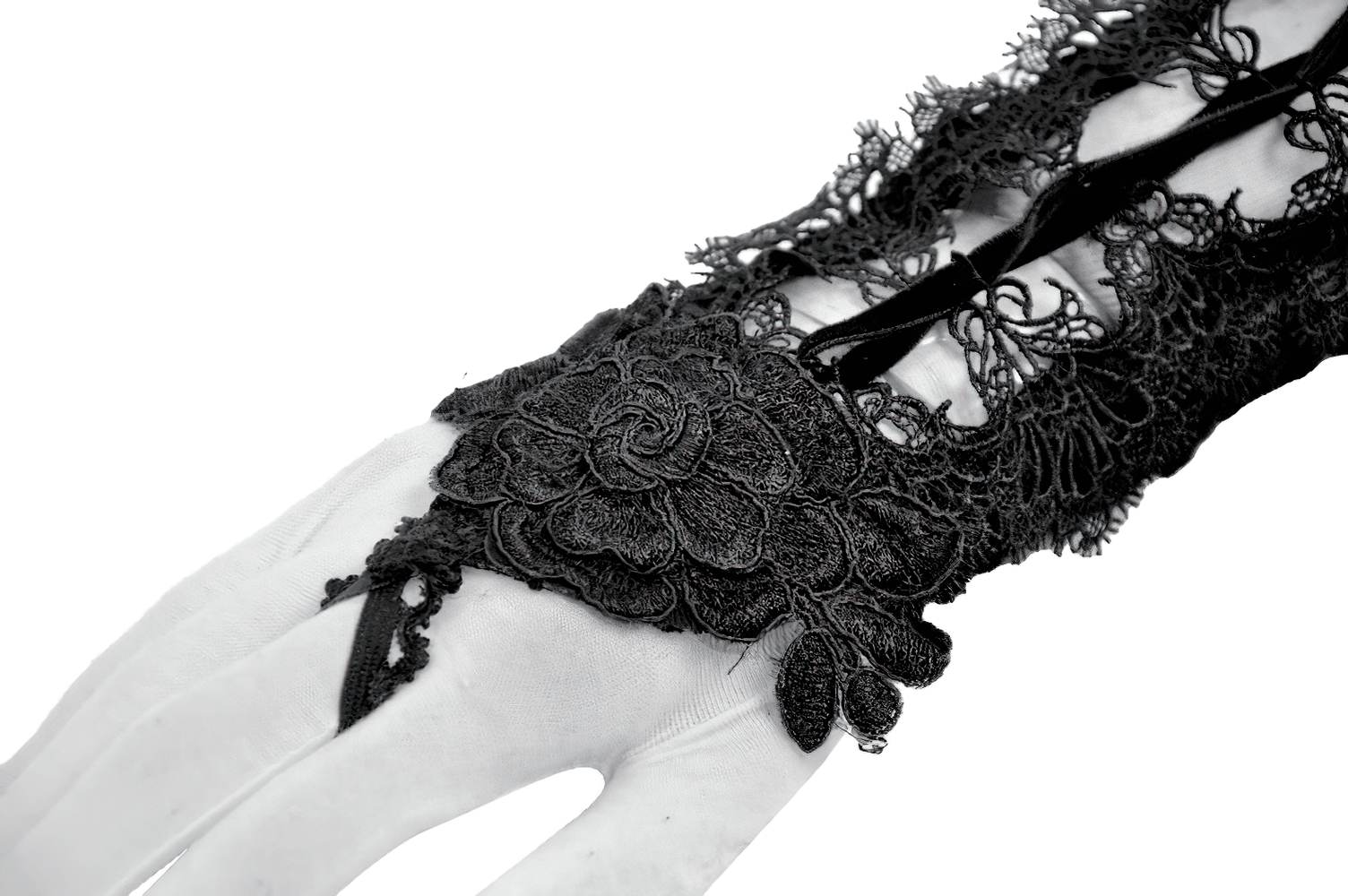 Lace-Up Long Gloves with Floral Lace and Ribbon Details showcasing intricate lace and floral design on a hand.