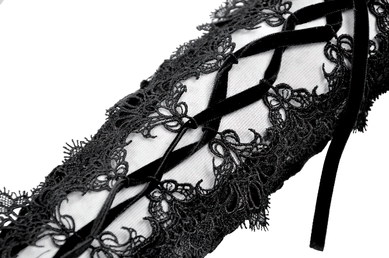 Lace-Up Long Gloves with Floral Lace and Ribbon Details featuring intricate black lace and ribbon lacing for elegance.