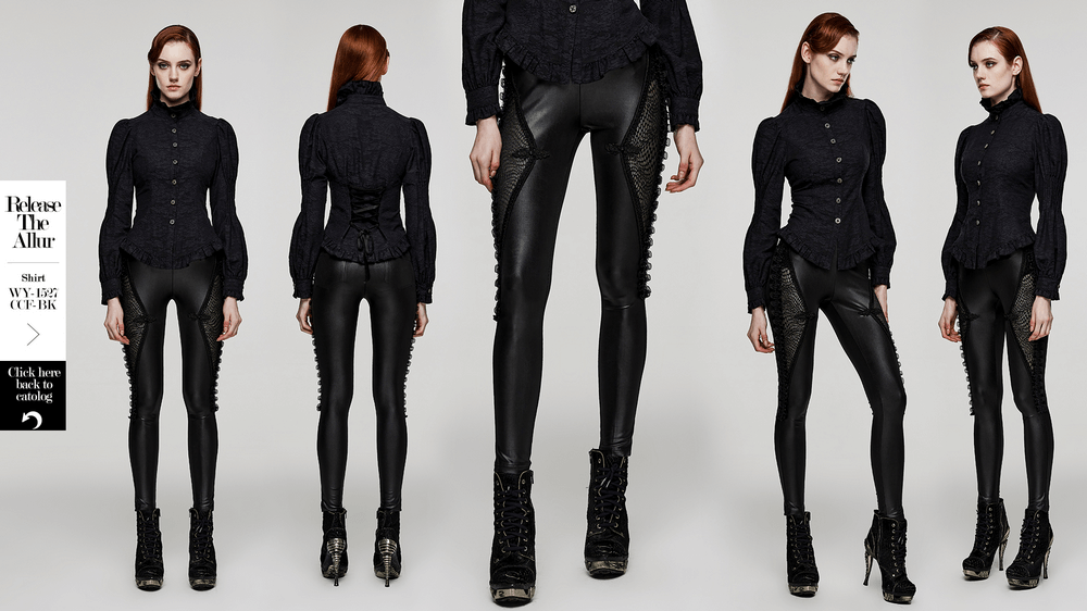 Chic gothic style mesh-panel skinny leggings with lace details, paired with a stylish blouse for an edgy look.