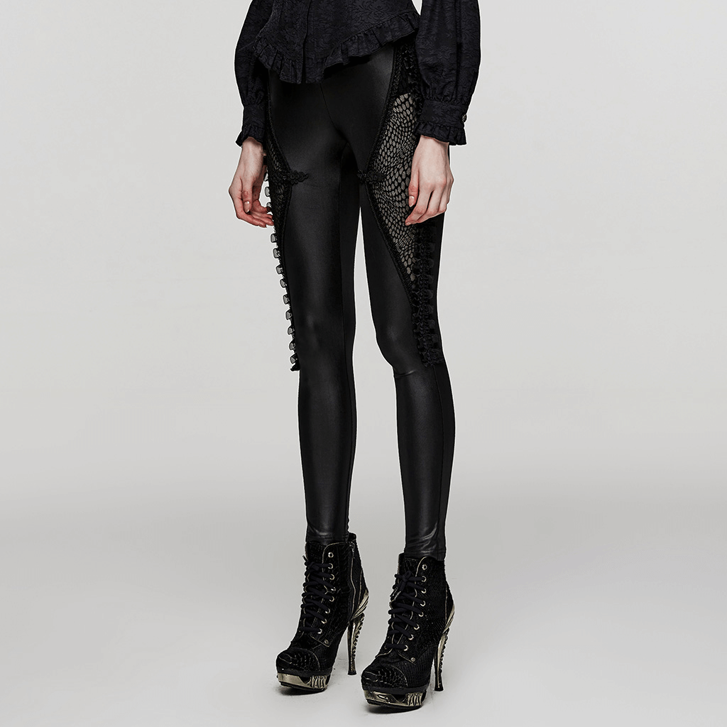 Chic gothic lace-up mesh side leggings showcasing sleek contour fit and edgy style.