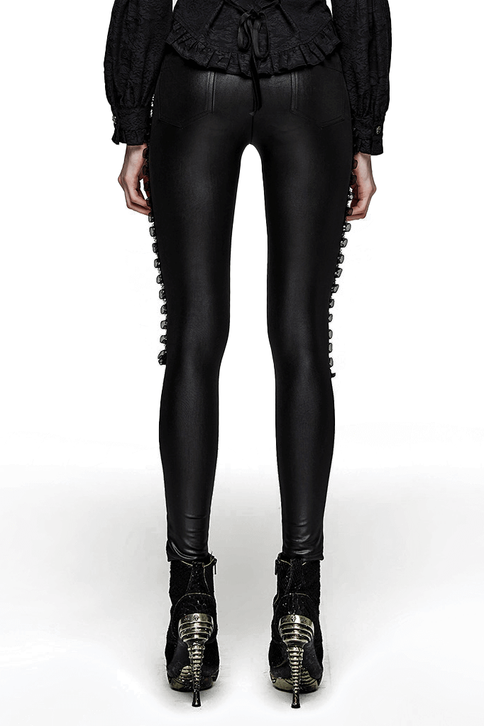 Gothic style lace-up mesh side leggings for edgy fashion, showcasing a sleek fit and unique seam detailing.