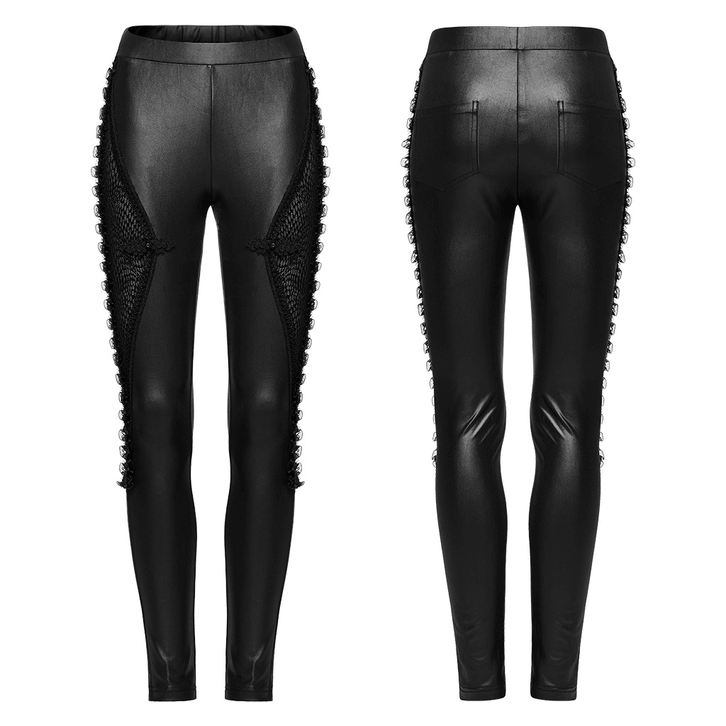 Chic Gothic Lace-Up Mesh Side Leggings with sexy see-through panels and a slim-fit design for edgy style.