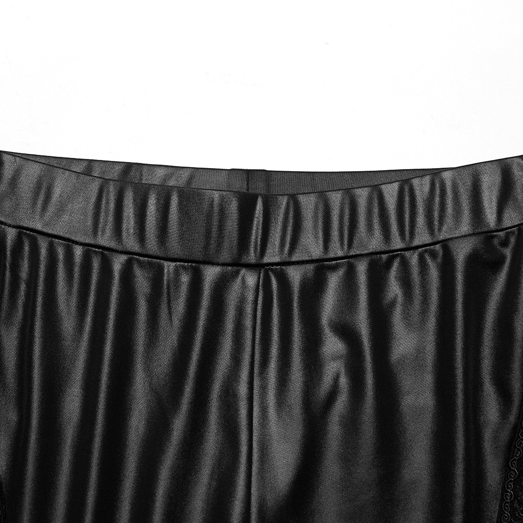 Close-up of the waistband of gothic lace-up mesh panel leggings showcasing a sleek black finish.