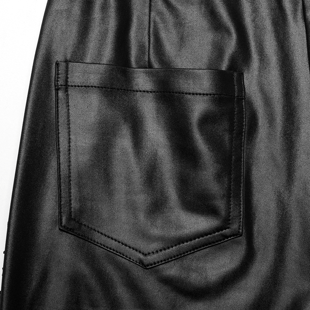 Close-up of the sleek black pocket design on gothic style leggings, showcasing chic and edgy fashion.