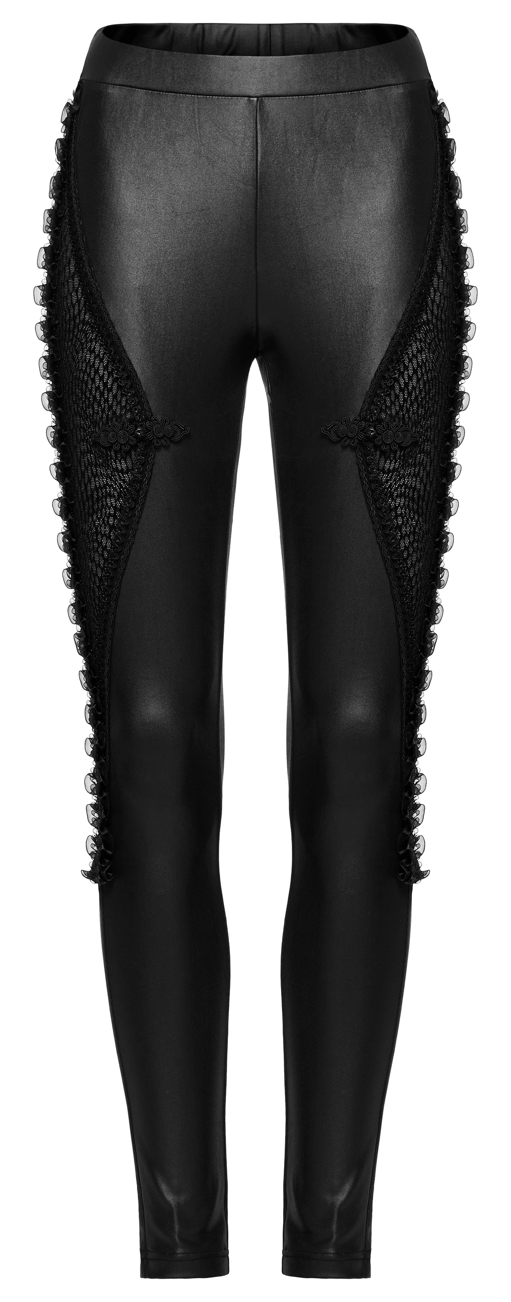 Chic Lace-Up Mesh Side Gothic Skinny Leggings with alluring mesh panels for an edgy style.