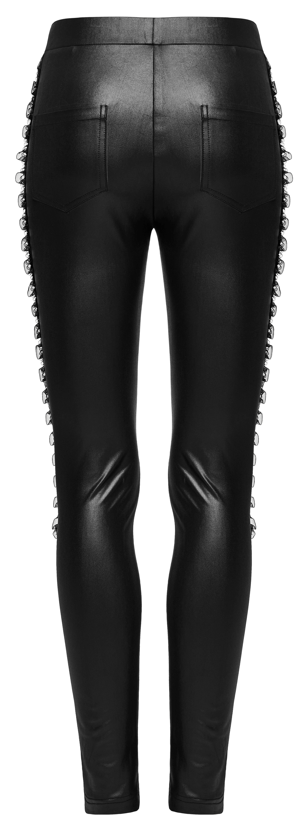 Back view of black lace-up gothic skinny leggings with mesh panels and stylish embellishments for an edgy look.