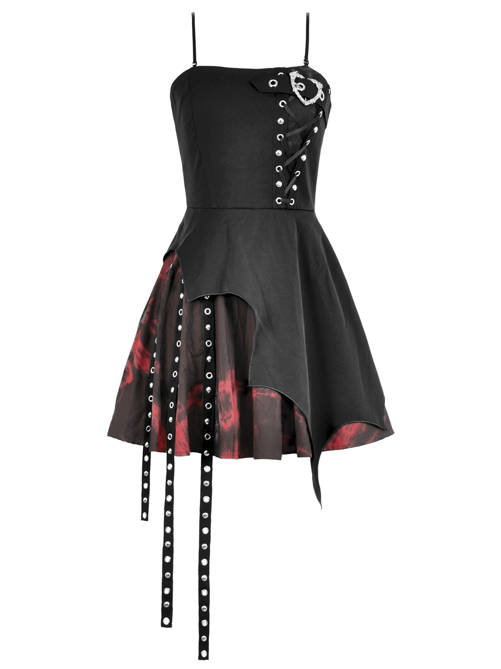 Punk rock-inspired lace-up mini dress with asymmetrical black and red skirt, featuring rebellious ribbons.