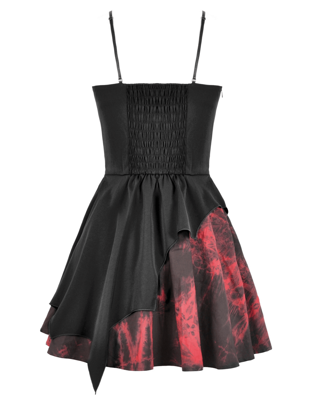 Lace-up mini dress with asymmetrical skirt, black fabric, and fiery red tie-dye hem for a punk rock look.