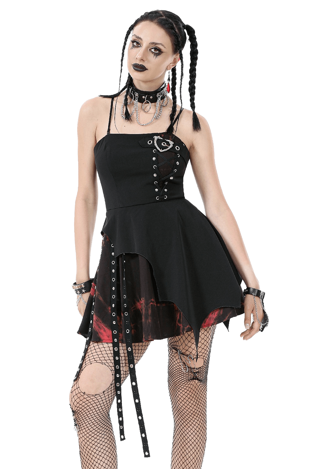Punk rock-inspired lace-up mini dress with asymmetrical skirt and ribbon accents, featuring edgy black and red design.