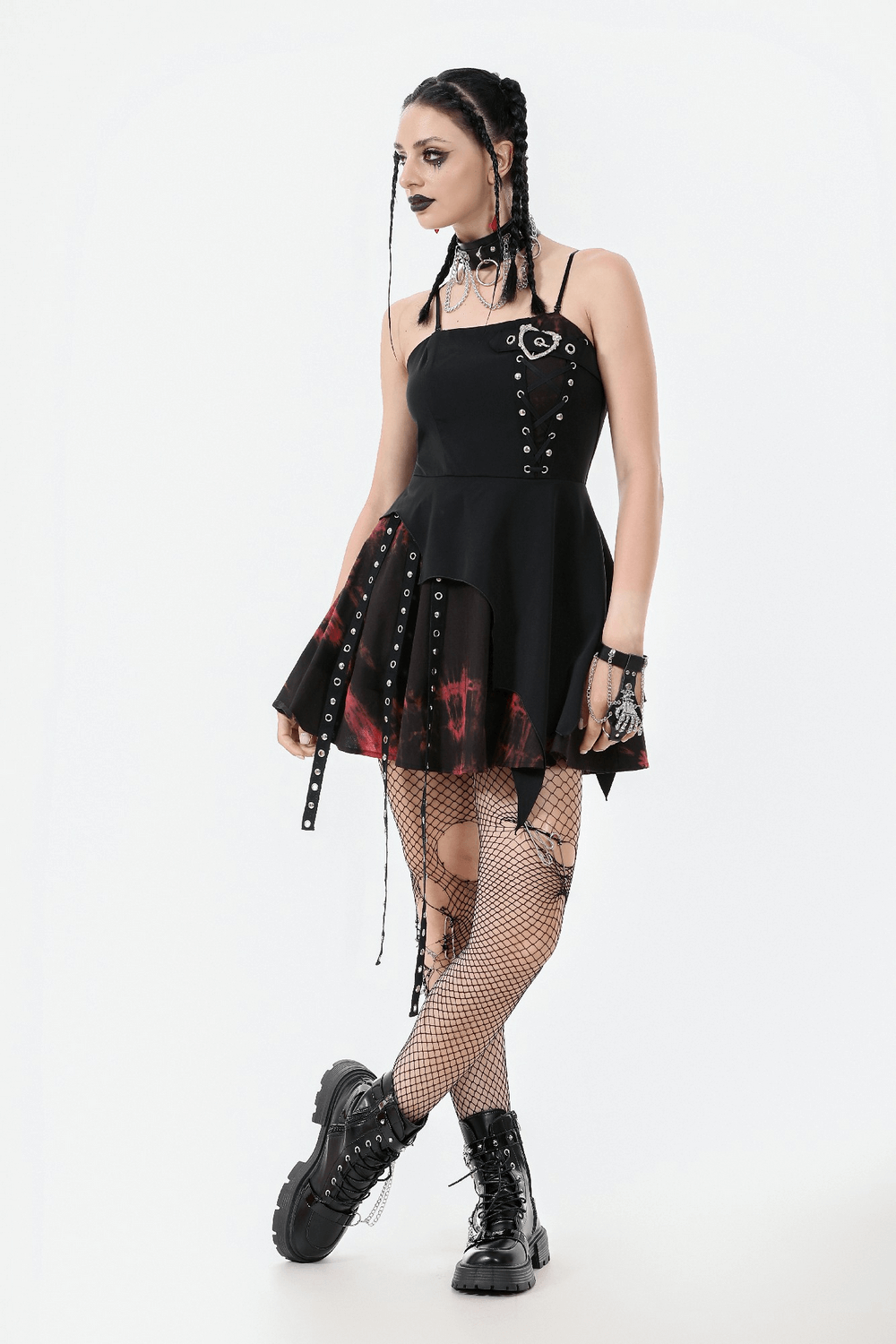 Punk rock lace-up mini dress with asymmetrical skirt and ribbons, perfect for alternative fashion lovers.