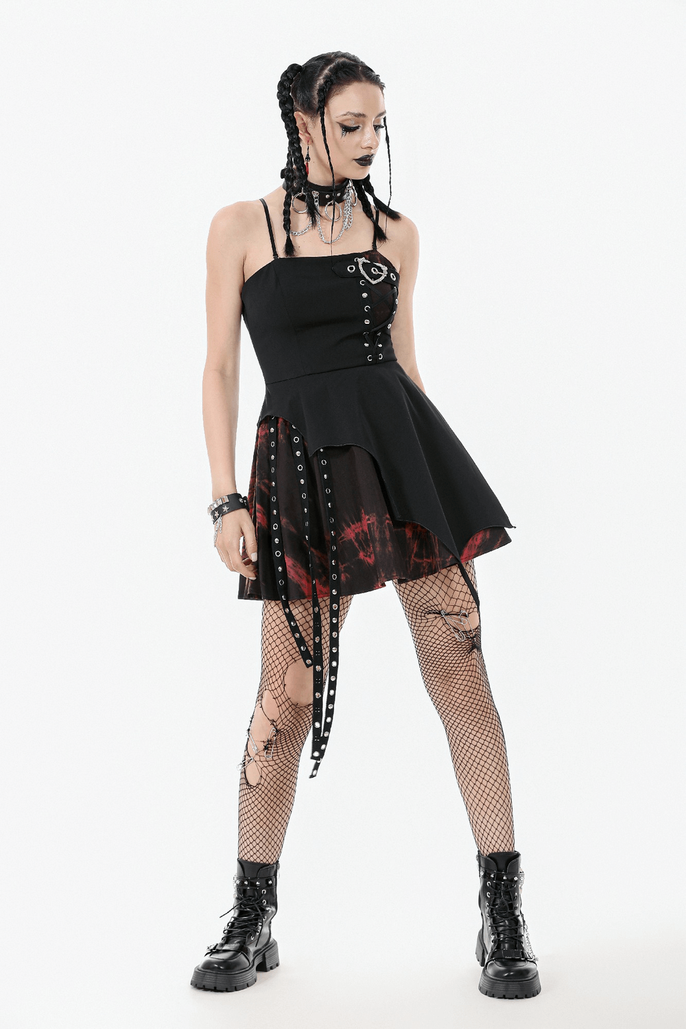 Gothic lace-up mini dress with asymmetrical skirt, ribbons, and punk rock vibe, featuring black and red tie-dye accents.