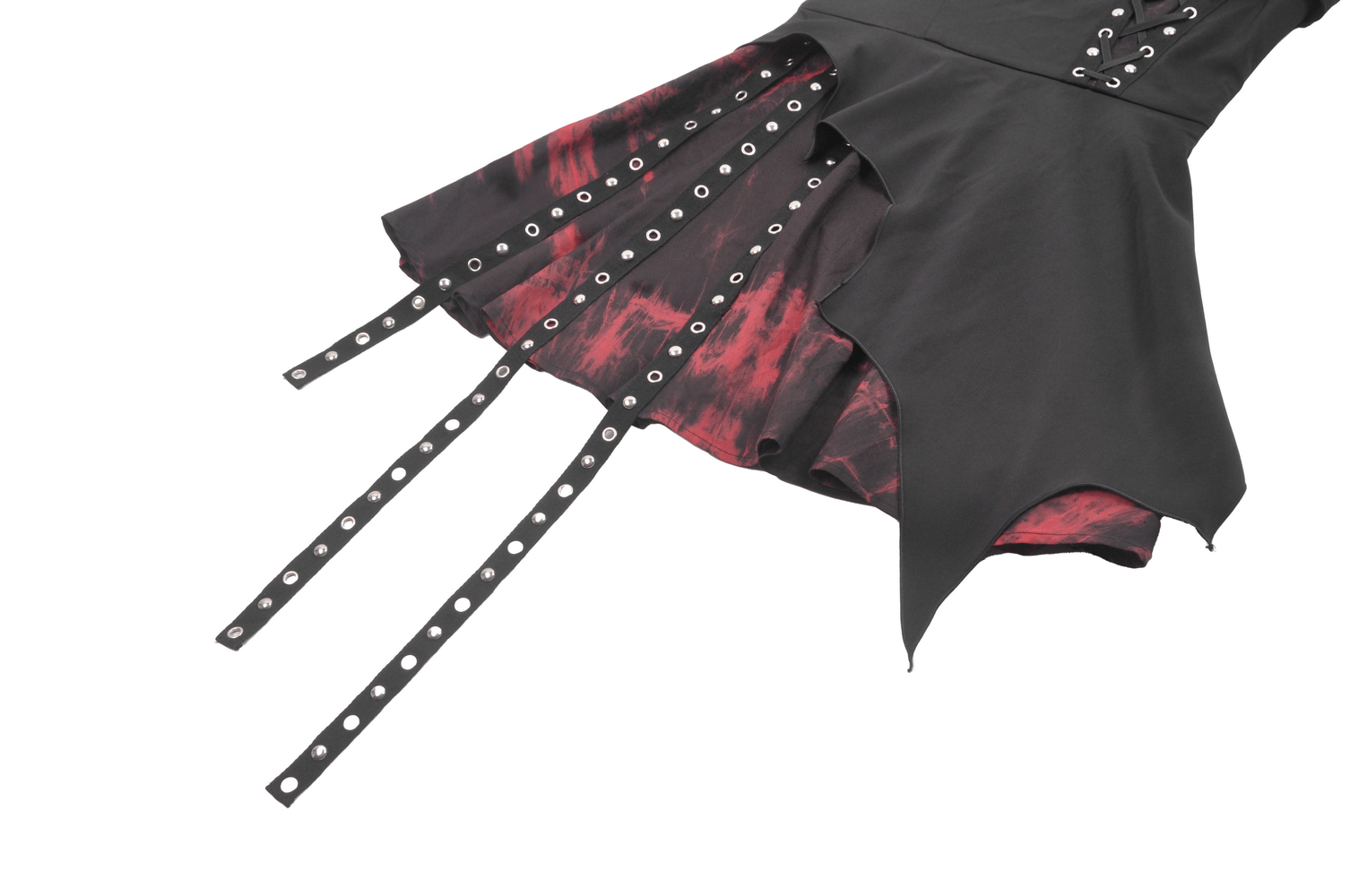 Punk rock lace-up mini dress showcasing an asymmetrical skirt with fiery red tie-dye hem and rebellious ribbon accents.