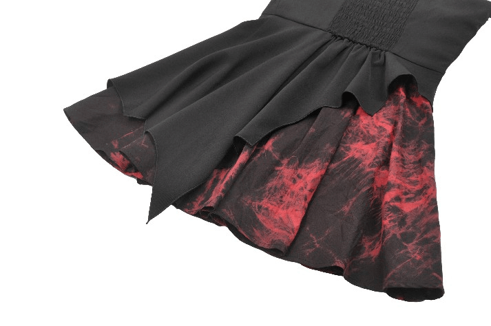 Close-up of black lace-up mini dress with asymmetrical skirt and fiery red tie-dye hem, perfect for punk rock fashion.