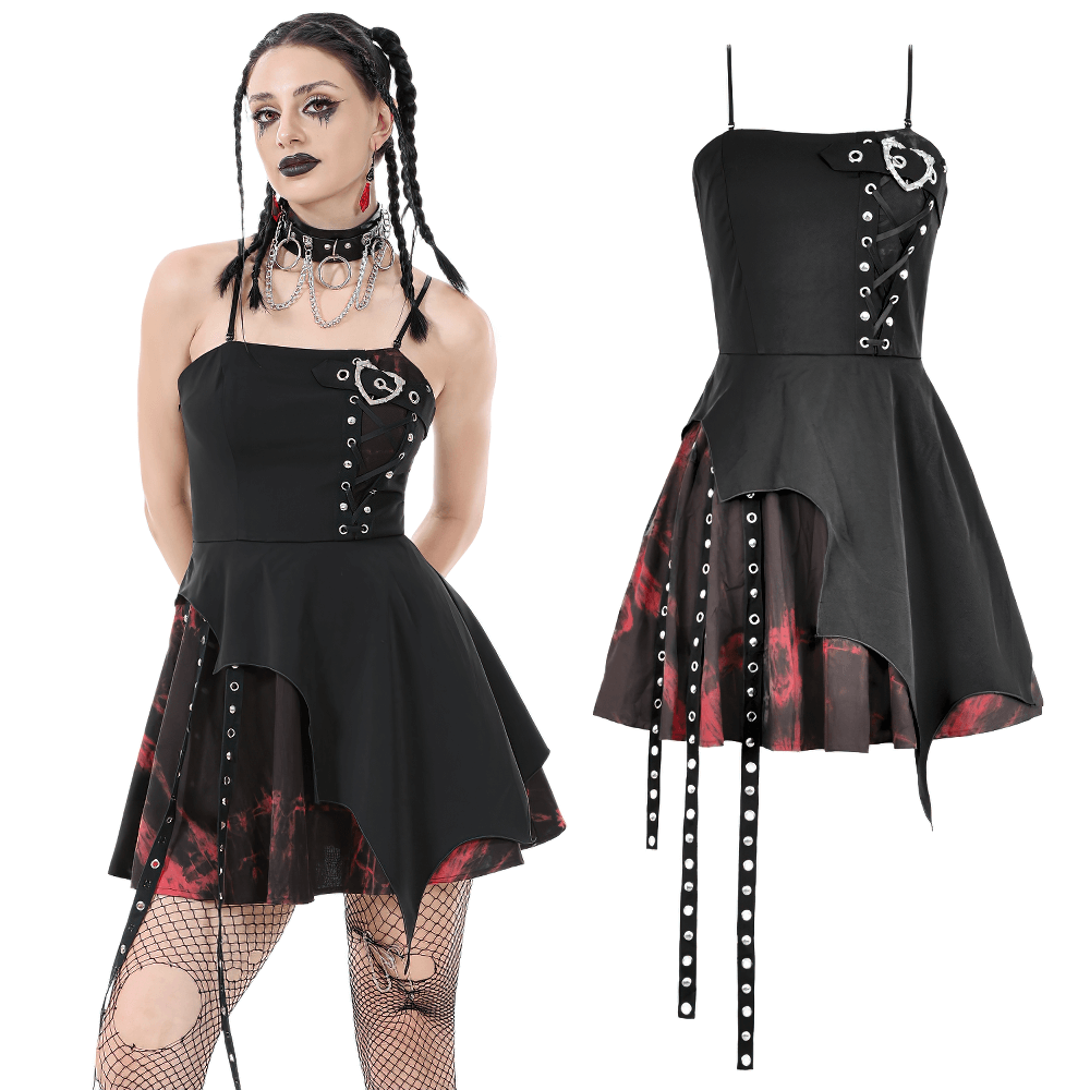 Punk rock-inspired lace-up mini dress with asymmetrical skirt and fiery red tie-dye accents.