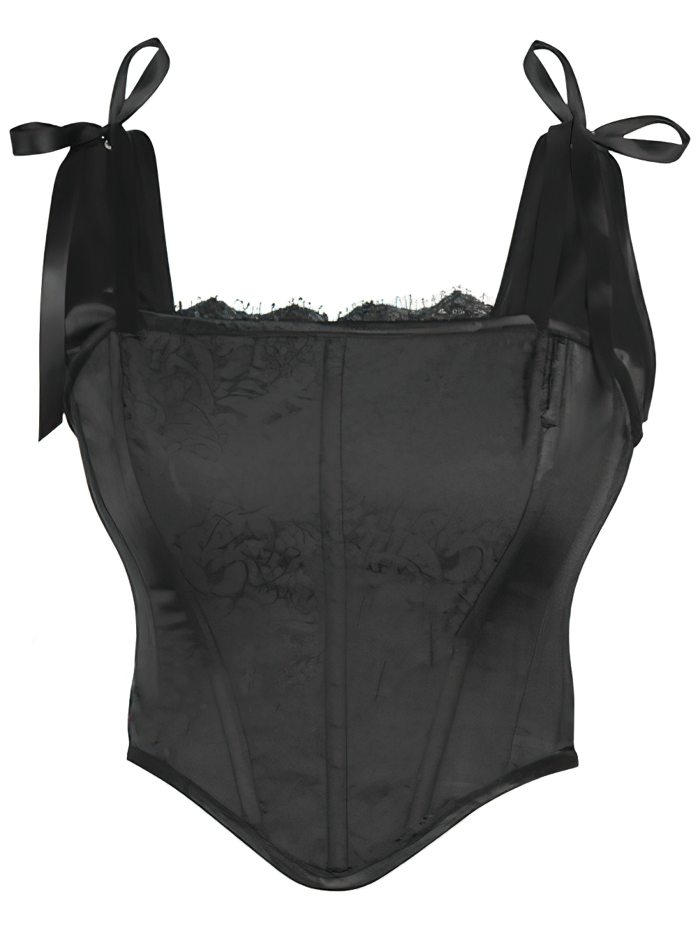 Chic black lace-up overbust corset with ribbon shoulder ties and lace detail, perfect for gothic and vintage styles.