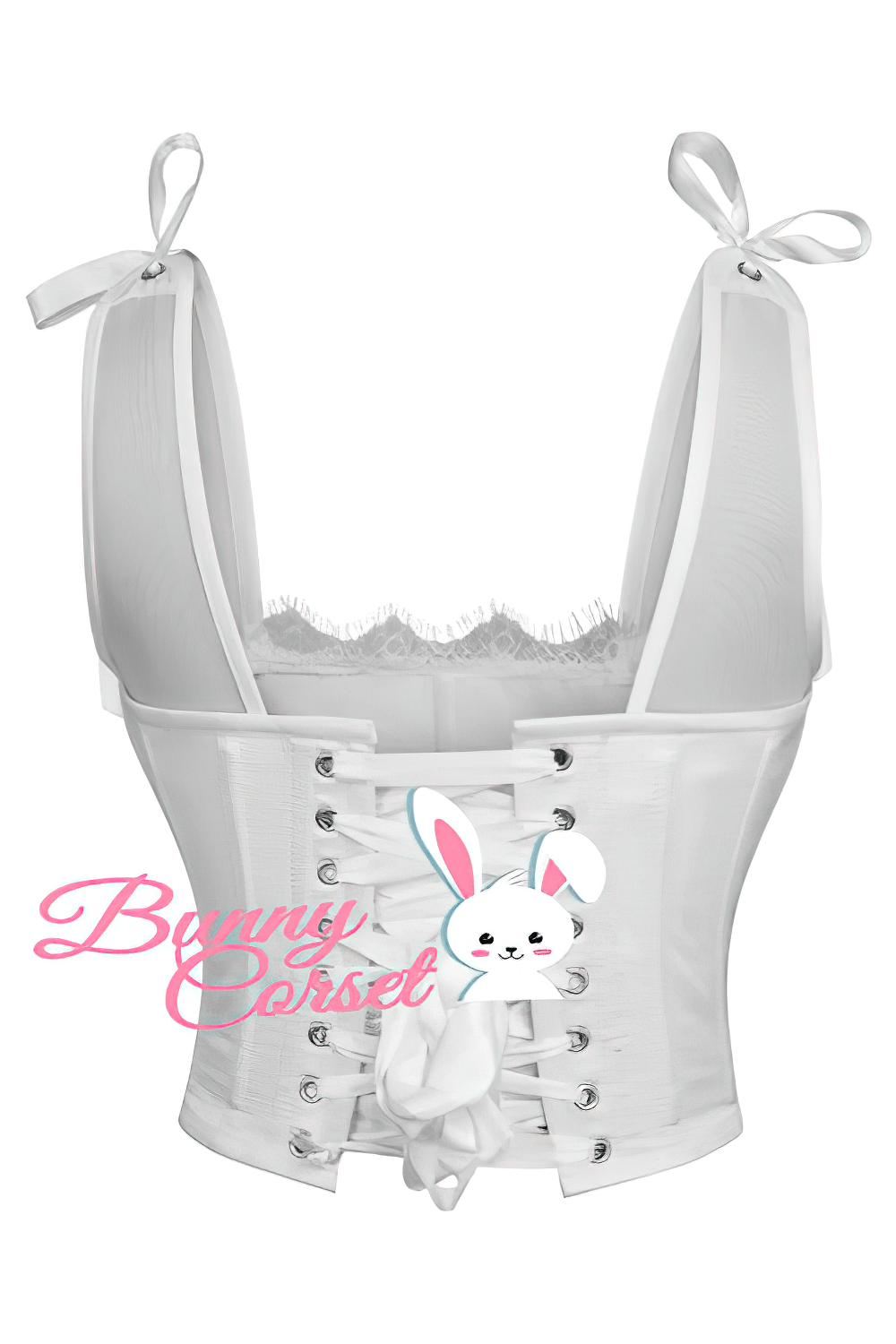 Chic white lace-up overbust corset with ribbon shoulder ties and a cute bunny illustration.