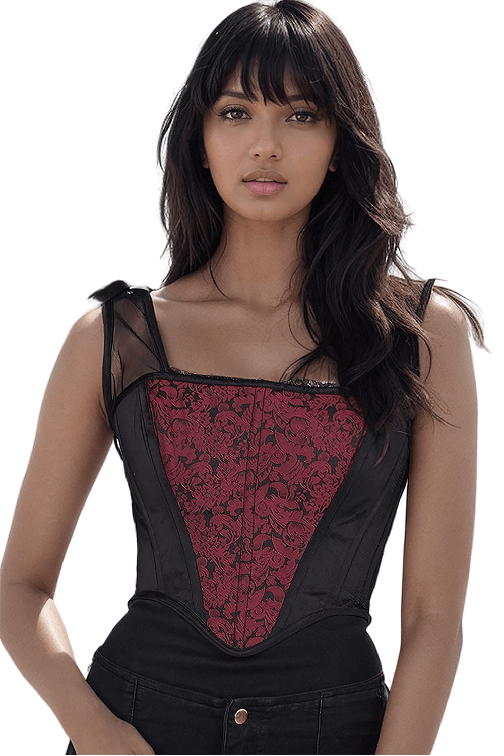 Chic Lace-Up Overbust Corset with Ribbon Ties and Lace Detail, perfect for a gothic vintage look.