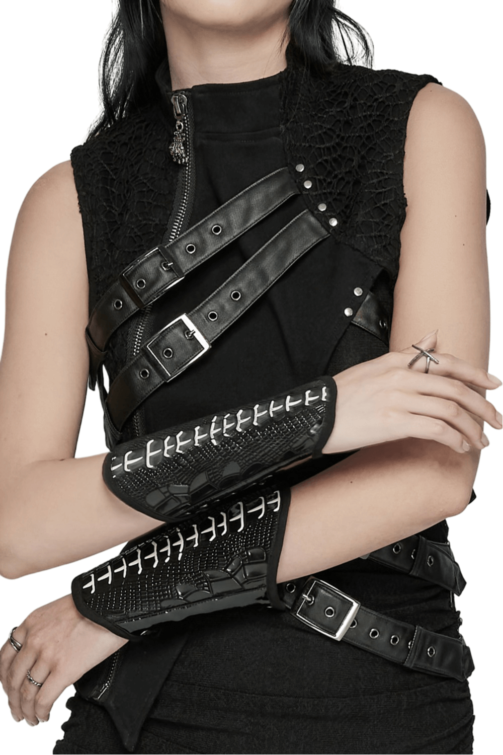 Lace-Up Skeleton Arm Gloves in Glossy Patent Leather