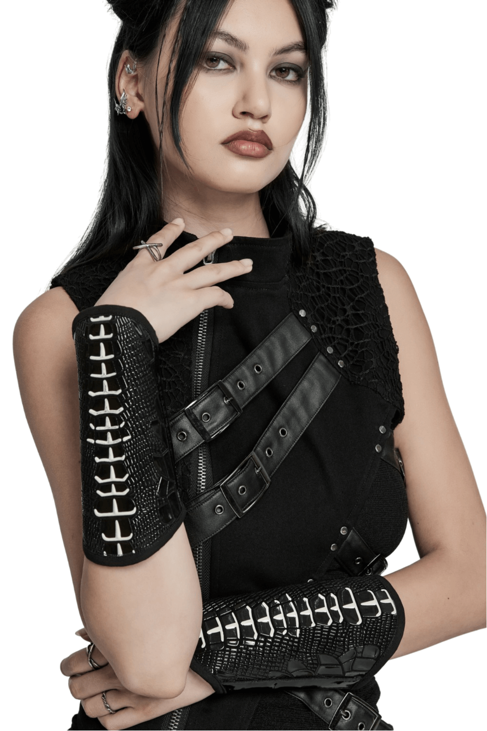 Lace-Up Skeleton Arm Gloves in Glossy Patent Leather