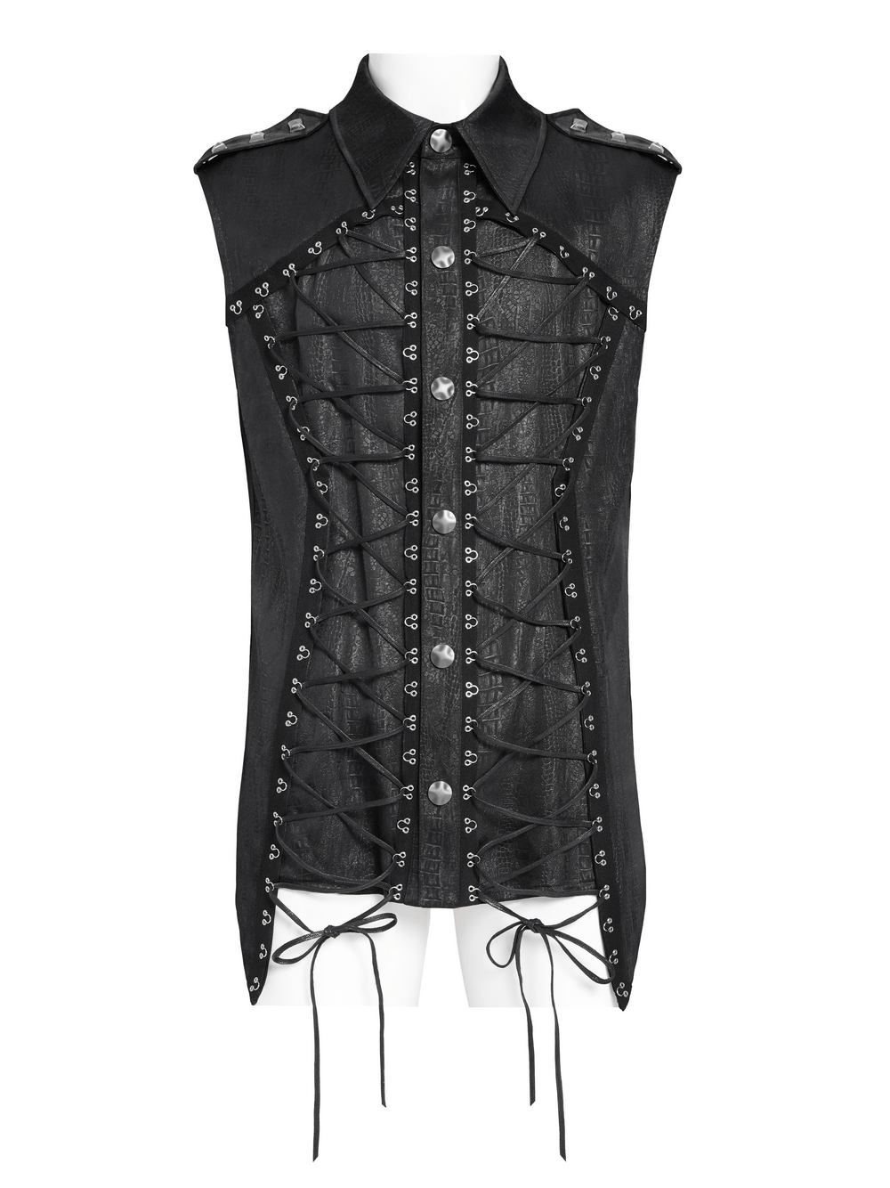 Lace-up sleeveless shirt featuring stylish epaulets and decorative metal buttons, perfect for a bold fashion statement.