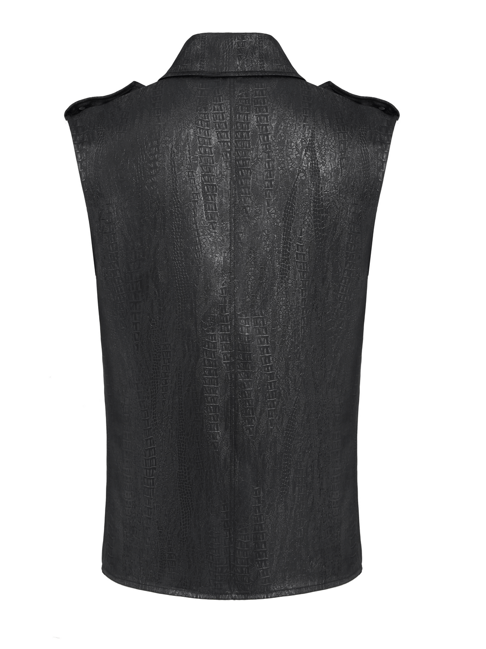 Stylish black sleeveless shirt featuring epaulets and decorative metal buttons, showcasing a unique texture.