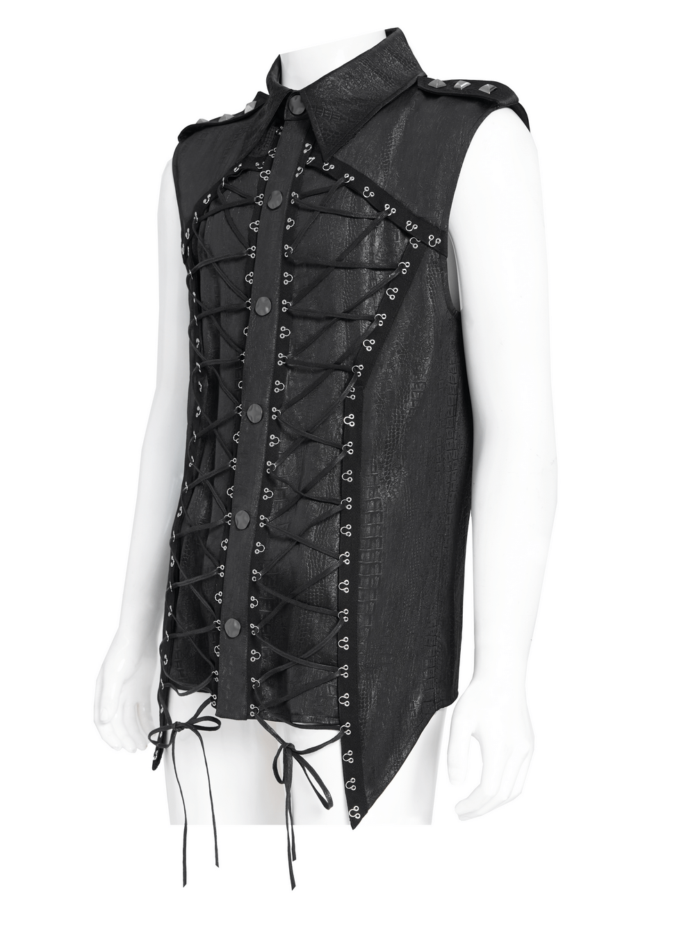 Stylish lace-up sleeveless shirt featuring epaulets and striking metal buttons, perfect for edgy fashion enthusiasts.