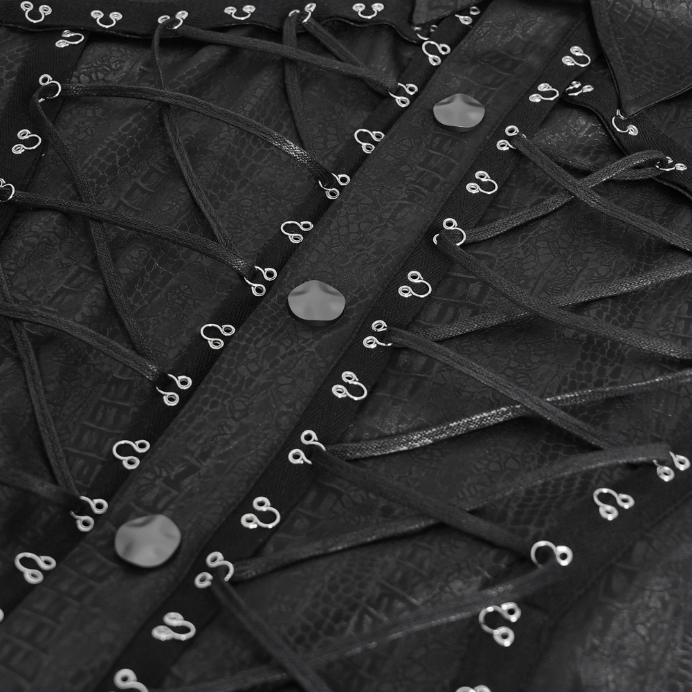 Close-up of a lace-up sleeveless shirt with epaulets and metal buttons, featuring intricate braided detailing.