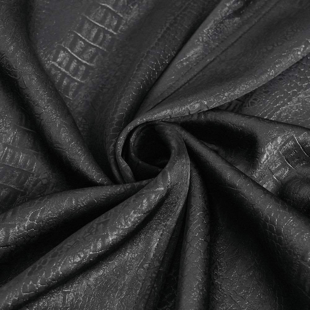 Black textured fabric with a snakeskin pattern, perfect for stylish outfits and accessories.
