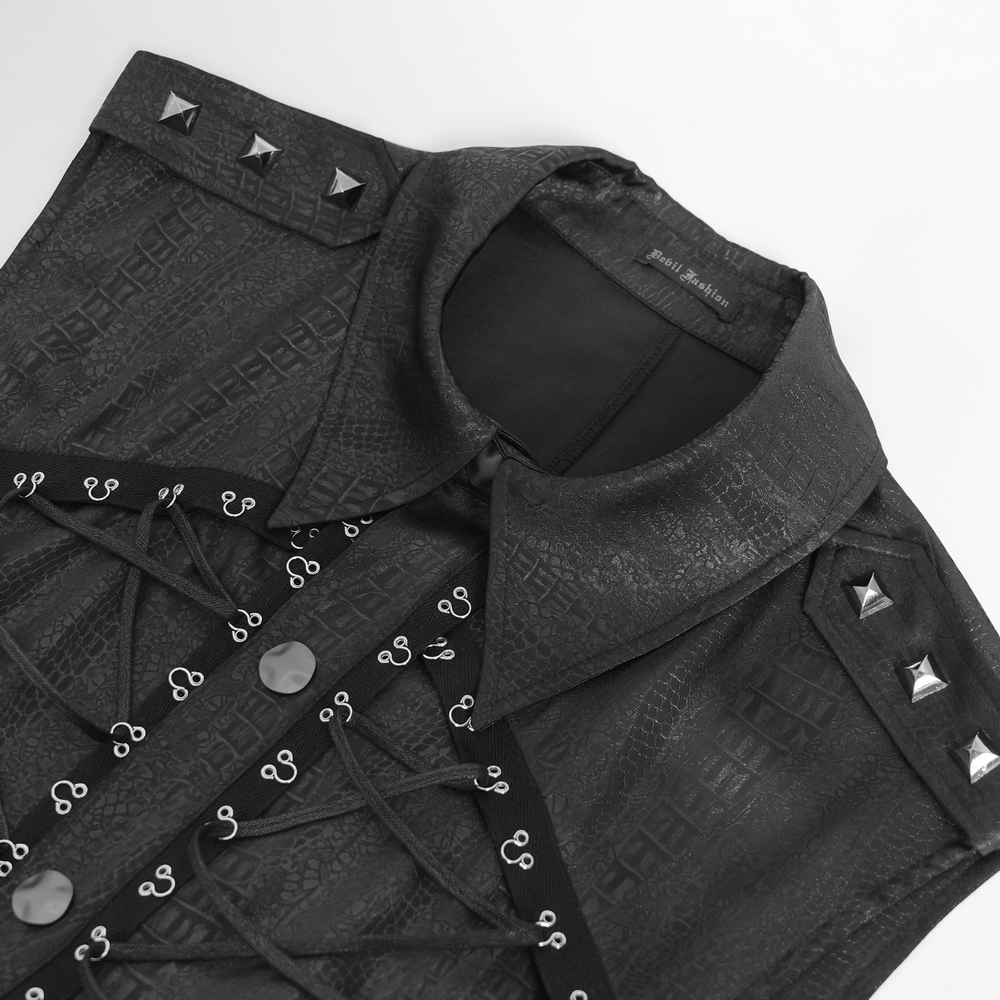 Lace-up sleeveless black shirt featuring stylish epaulets and metal button accents.