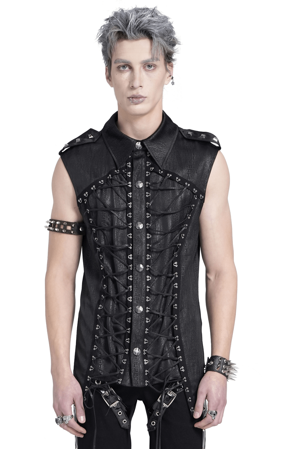 Lace-up sleeveless shirt featuring epaulets and metal buttons, perfect for a bold fashion statement.