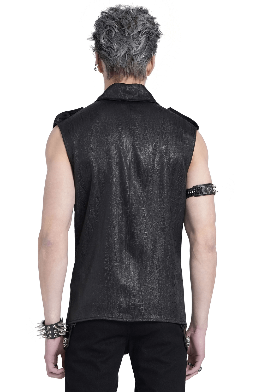 Back view of a gothic lace-up sleeveless shirt featuring epaulets and metal buttons, styled with punk accessories.