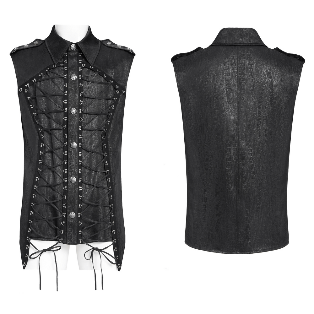 Lace-up sleeveless shirt showcasing metal buttons and stylish epaulets, perfect for a chic look.