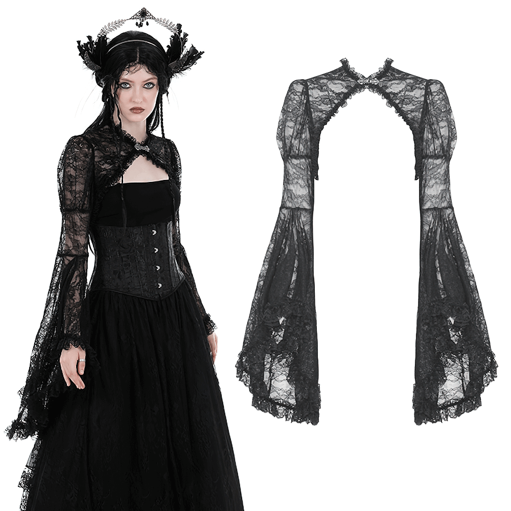 Gothic women's black lace Victorian bolero shrug with long flared sleeves, perfect for adding elegance to any outfit.