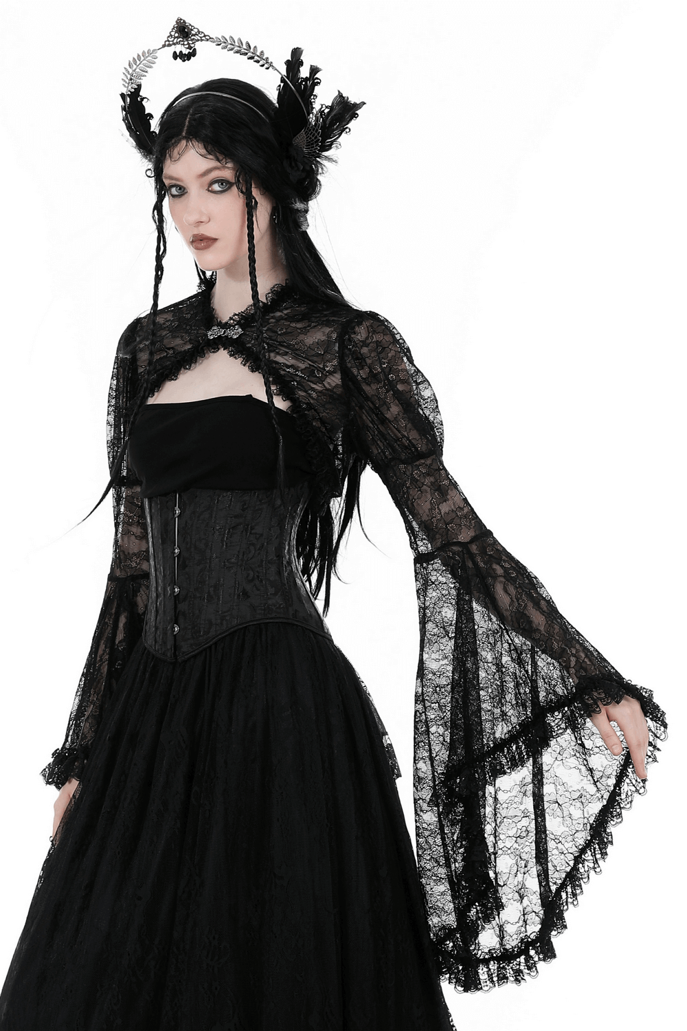 Gothic Victorian black lace bolero shrug top with long flared sleeves, perfect for layering in elegant outfits.
