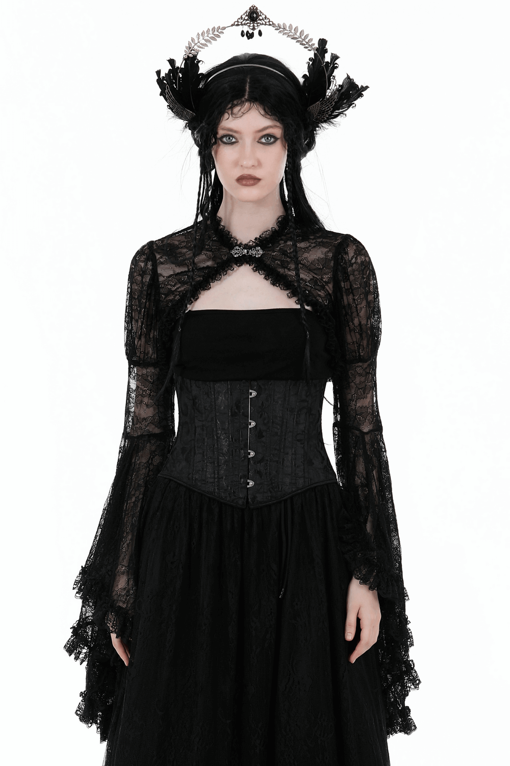 Gothic women's lace Victorian bolero shrug top with long flared sleeves, perfect for layering and adding elegance.